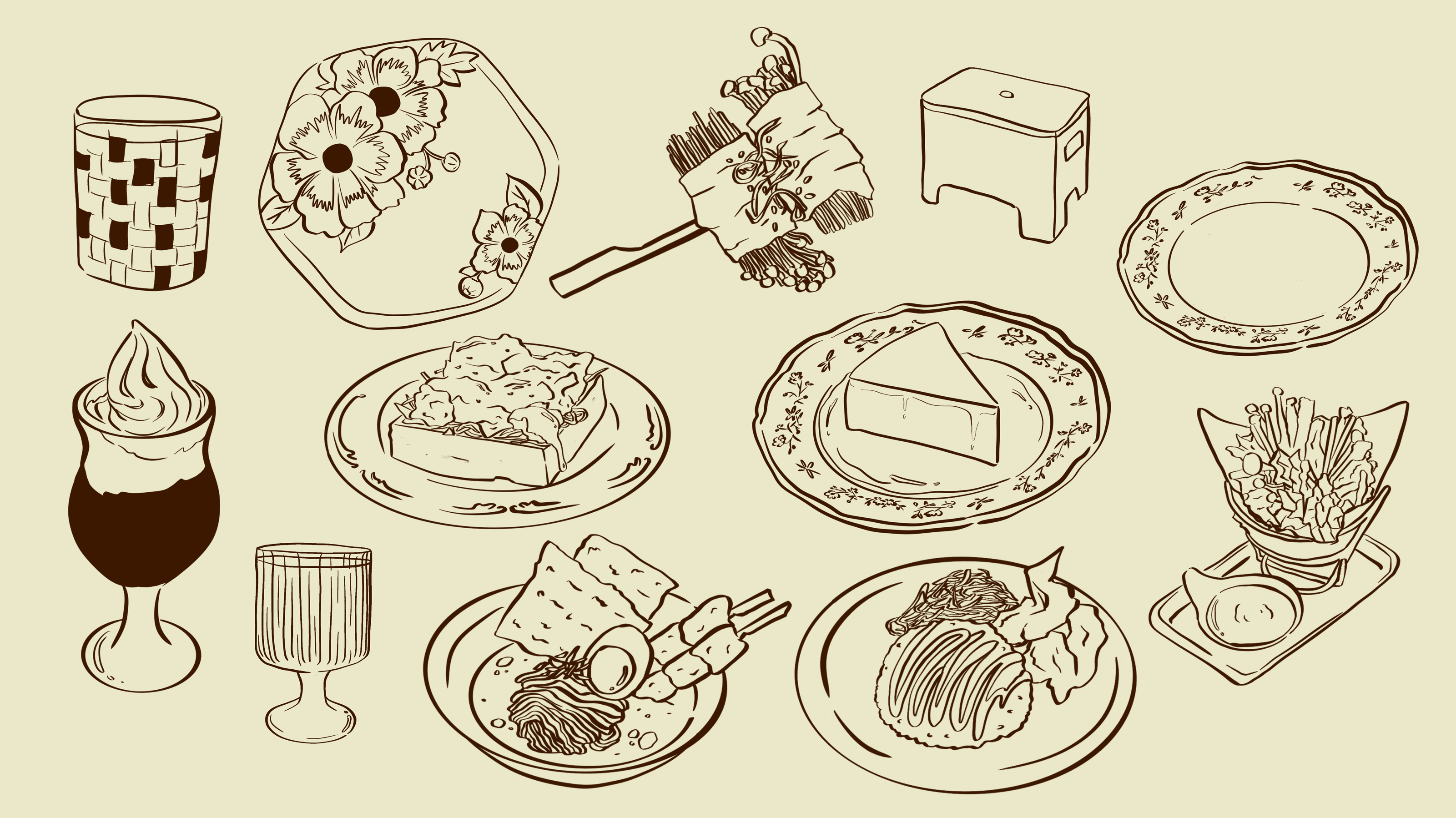Illustration sheet — hand-drawn objects, menu vessels, and food items